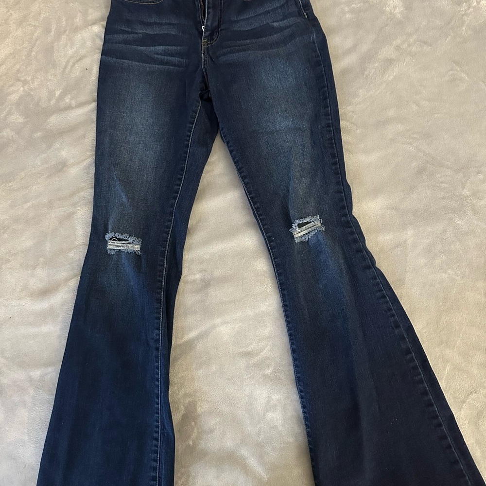 YMI Dark Blue Flare Jeans with Knee Distress
